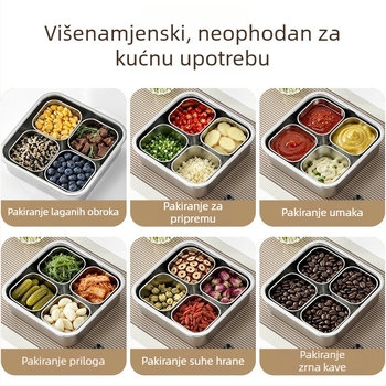 Kutija za hranu od 304 nehrđajućeg čelika s četiri odjeljka, silikonni poklopac, mikrovalna kompatibilnost, skladištenje hrane