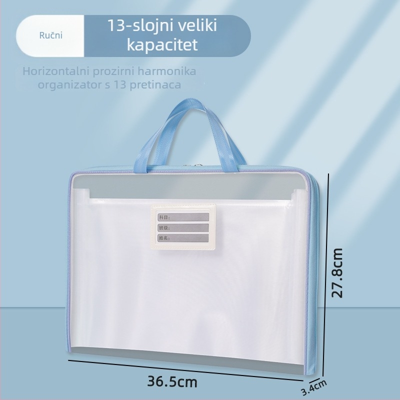 Prozirna horizontalna torba za dokumente s 13 pretinaca, velika kapaciteta za školske materijale