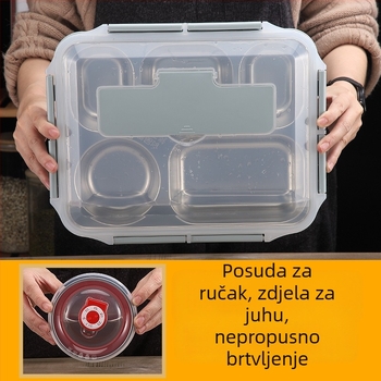 Kutija za ručak od 304 nehrđajućeg čelika, izolirana, kvadratnog oblika, prijenosna, s odjeljcima i čvrsto zatvorenim poklopcem, mikrovalna sigurnost