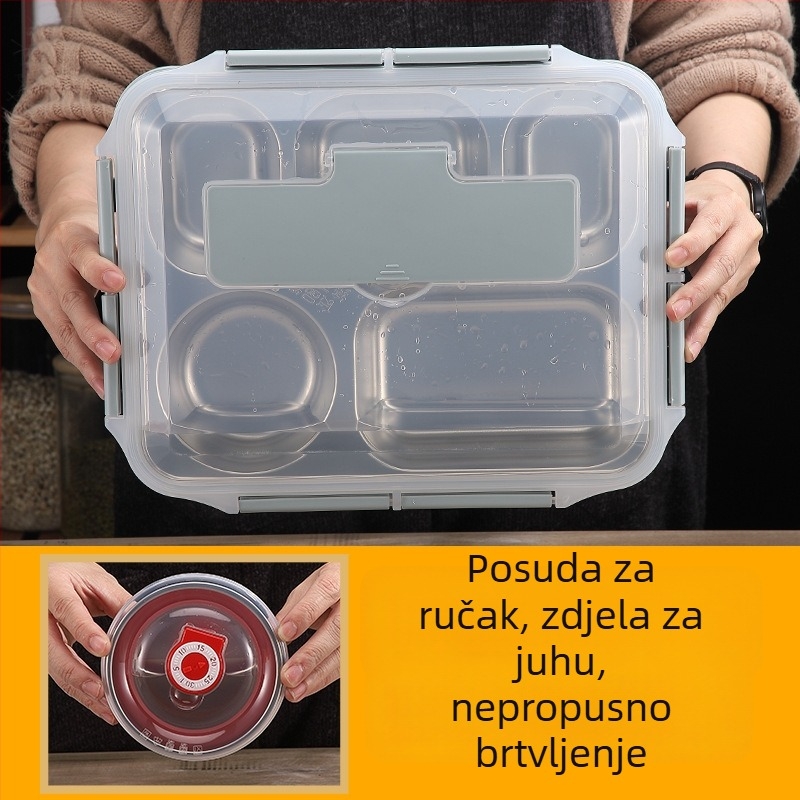 Kutija za ručak od 304 nehrđajućeg čelika, izolirana, kvadratnog oblika, prijenosna, s odjeljcima i čvrsto zatvorenim poklopcem, mikrovalna sigurnost