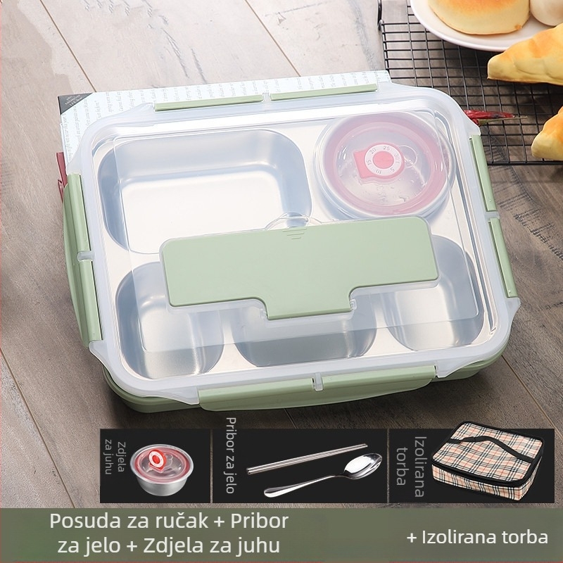 Kutija za ručak od 304 nehrđajućeg čelika, izolirana, kvadratnog oblika, prijenosna, s odjeljcima i čvrsto zatvorenim poklopcem, mikrovalna sigurnost
