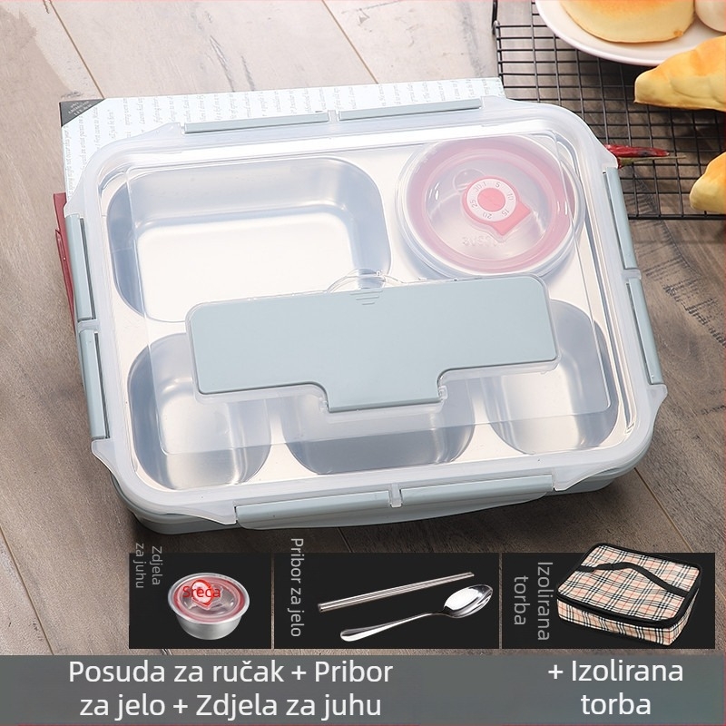 Kutija za ručak od 304 nehrđajućeg čelika, izolirana, kvadratnog oblika, prijenosna, s odjeljcima i čvrsto zatvorenim poklopcem, mikrovalna sigurnost