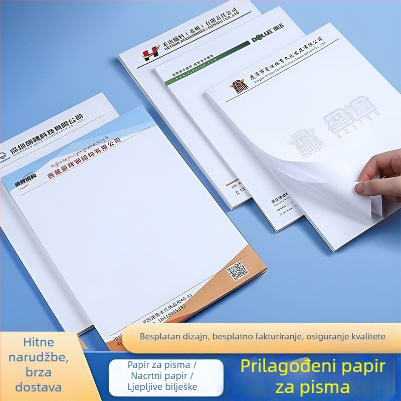 Prilagođeni hlavni papir s logom, korporativni uredski materijal, format A4/A5, radni papir, službeni dokumenti, etikete za brošure, bilješke