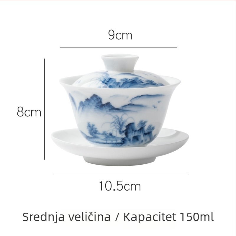 Ručno oslikana velika šalica za čaj s poklopcem, plavo-bijeli porculan, keramički čajni set za kinesku ceremoniju uz pejzaž (trodjelni set)