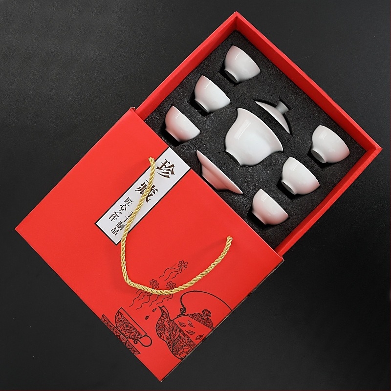 Gongfu čajni set u kutiji za poklon, keramika, gaiwan i šalice, minimalistički stil, prilagodljiv logotip