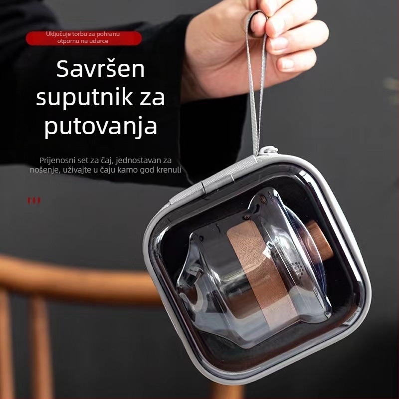 Set čaja od otpornog stakla s poklopcem i šalicama – prenosni putni set