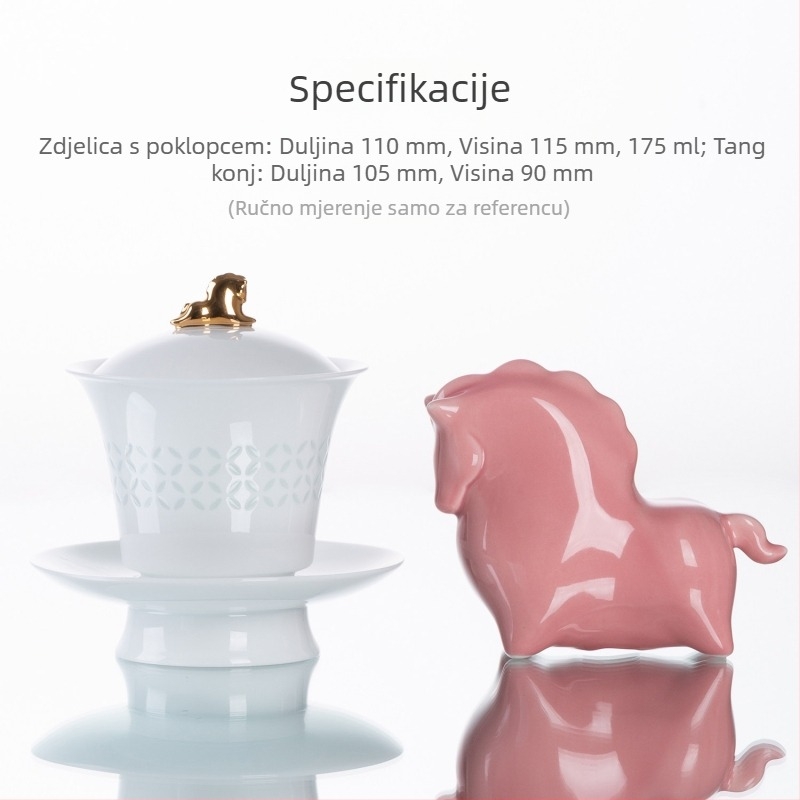 De Ding 2026 Godina Konja - Porcelanski gaiwan s tri dijela za kućnu pripremu čaja, ukrasni tea pet, poklon-uspomena za godinu zodijaka