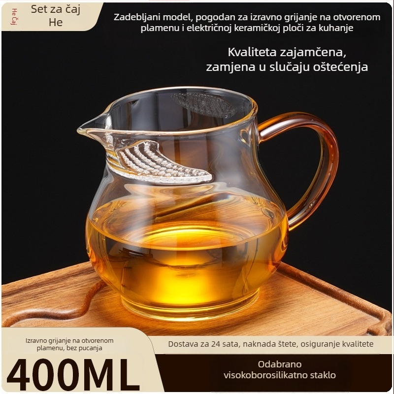 Gongfu čaj šalica od visokokvalitetnog borosilikatnog stakla sa integriranim filtrom i čajnim odjeljivačem, pogodno za izravno zagrijavanje na otvorenoj vatri, nepropusno