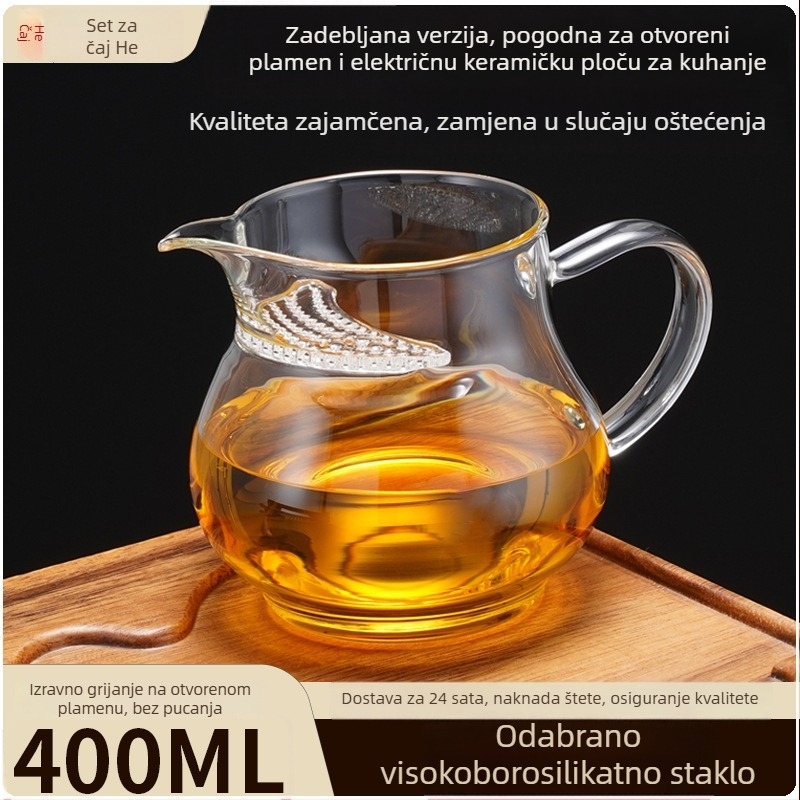 Gongfu čaj šalica od visokokvalitetnog borosilikatnog stakla sa integriranim filtrom i čajnim odjeljivačem, pogodno za izravno zagrijavanje na otvorenoj vatri, nepropusno
