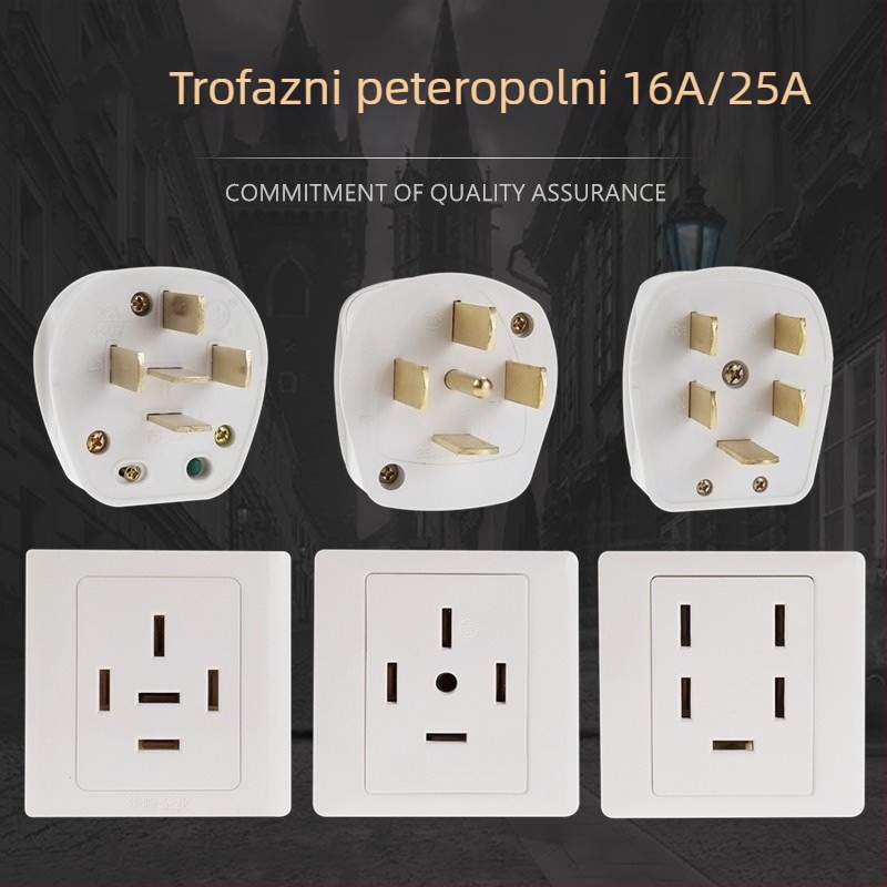 Tip 86 zidna utičnica napajanje 440V, trofazna s pet polova, industrijska utičnica 16A/25A, klima uređaj 380V s pet vodiča