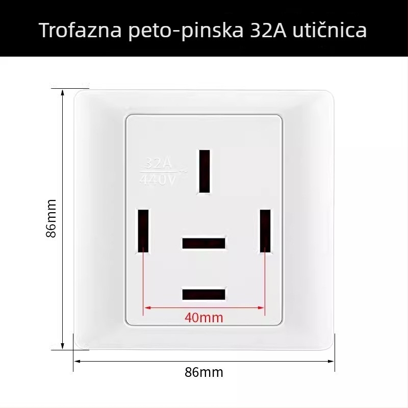 Tip 86 zidna utičnica napajanje 440V, trofazna s pet polova, industrijska utičnica 16A/25A, klima uređaj 380V s pet vodiča