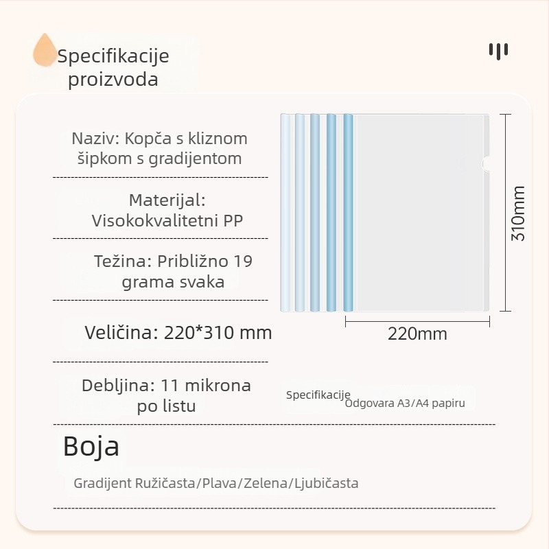 Jednostranični A4 map za dokumente s klipom na lever, prozirna, debela, Morandi boje, za učenike