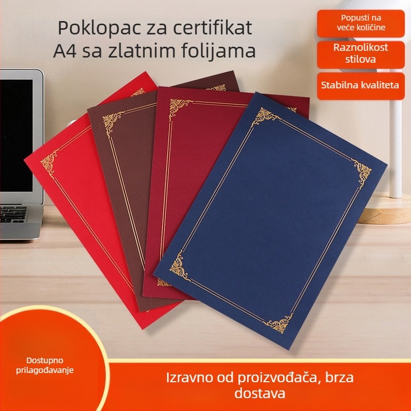 A4 omotnica za certifikat sa zlatnim folijiranjem, debeli posebni papir, zaštitna mapa za diplome