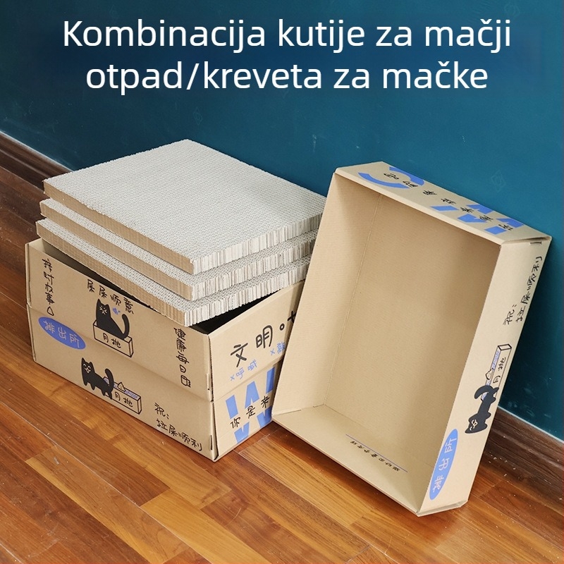 Velika jednokratna kutija za mačji pijesak, sklopiva od valovitog kartona, poluzatvoren dizajn, zaštita od prskanja