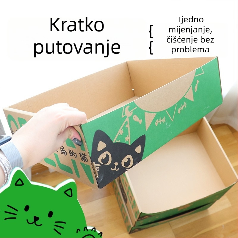 Velika jednokratna kutija za mačji pijesak, sklopiva od valovitog kartona, poluzatvoren dizajn, zaštita od prskanja