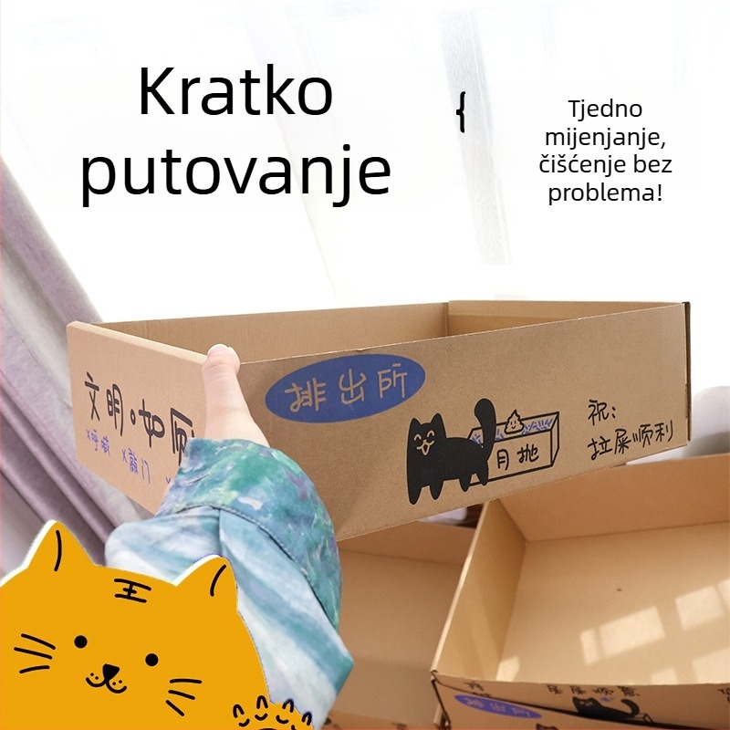 Velika jednokratna kutija za mačji pijesak, sklopiva od valovitog kartona, poluzatvoren dizajn, zaštita od prskanja