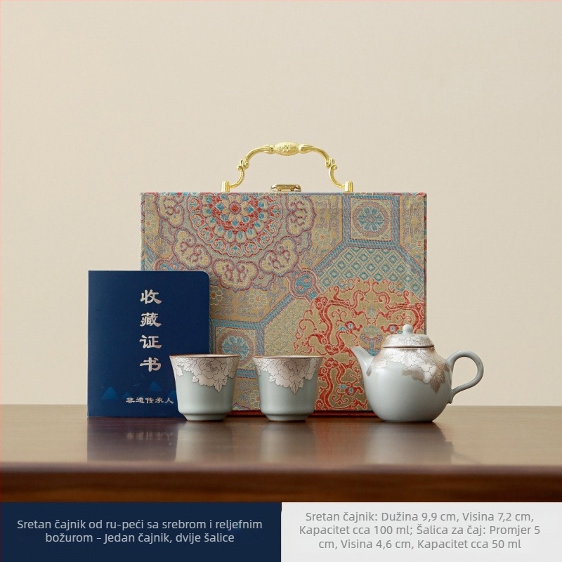 Shengbai porcelanski set za čaj s filigranskim srebrnim motivom piona, keramika, prijenosno, s jednim čajnikom i dvije šalice