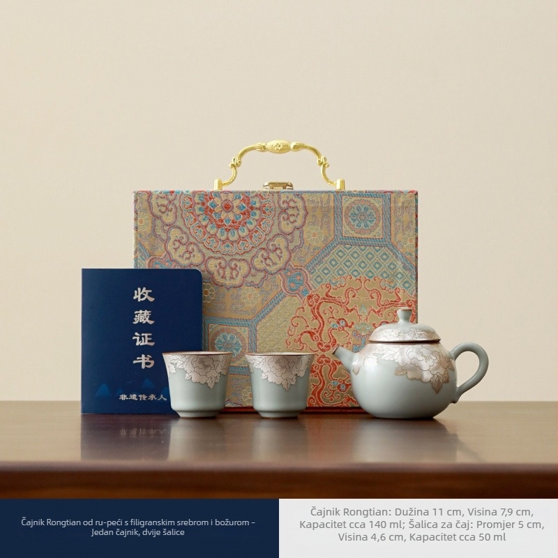 Shengbai porcelanski set za čaj s filigranskim srebrnim motivom piona, keramika, prijenosno, s jednim čajnikom i dvije šalice