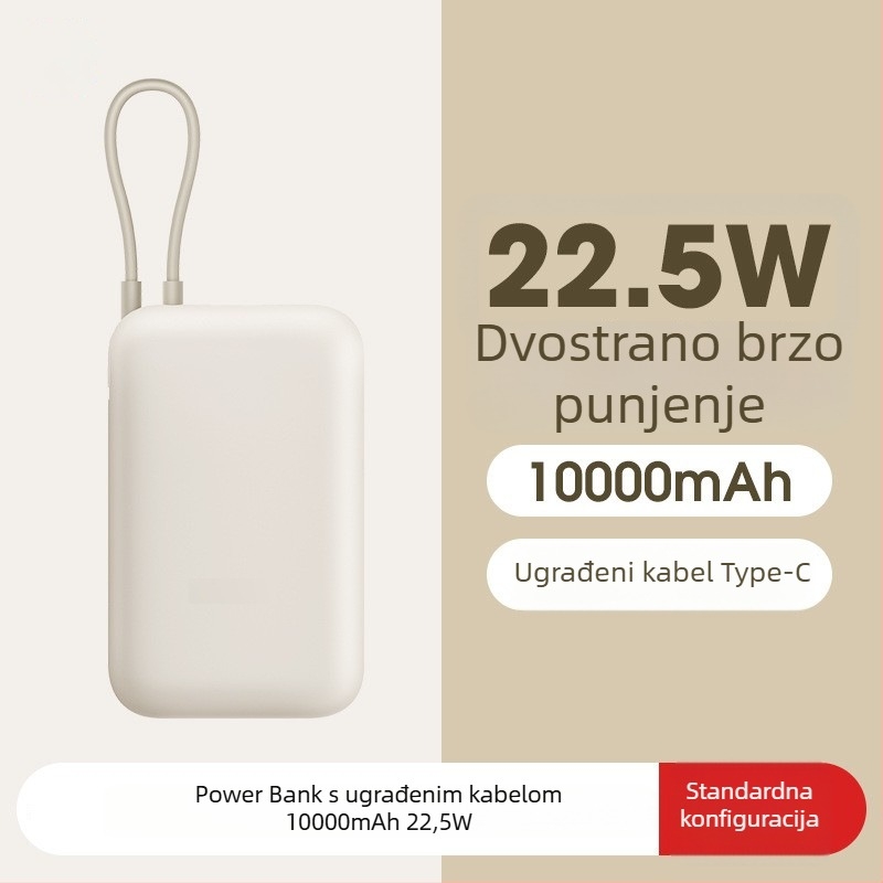 Power banka s ugrađenim kabelom, 10000mAh, džepne veličine, 22,5W brzo punjenje, kreativni dizajn