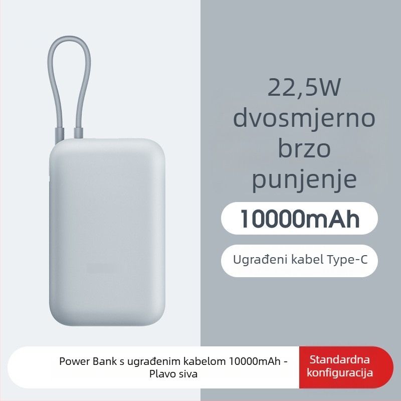 Power banka s ugrađenim kabelom, 10000mAh, džepne veličine, 22,5W brzo punjenje, kreativni dizajn