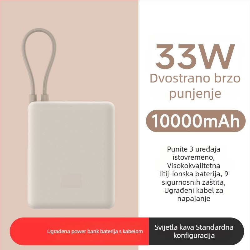 Power banka s ugrađenim kabelom, 10000mAh, džepne veličine, 22,5W brzo punjenje, kreativni dizajn
