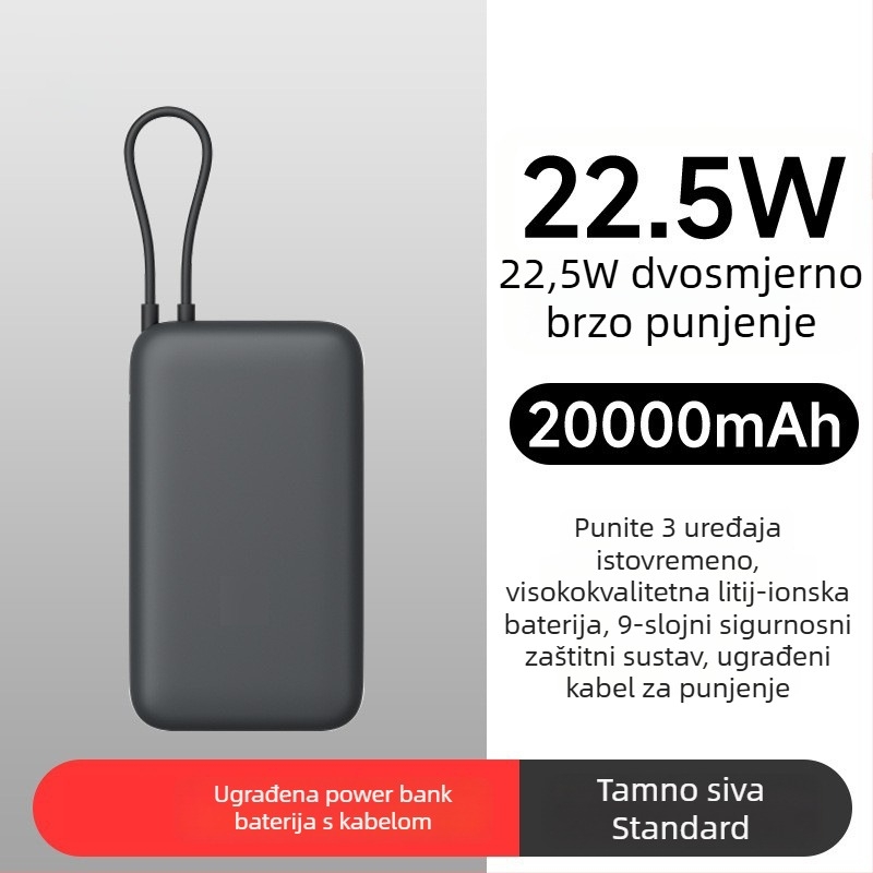 Power banka s ugrađenim kabelom, 10000mAh, džepne veličine, 22,5W brzo punjenje, kreativni dizajn
