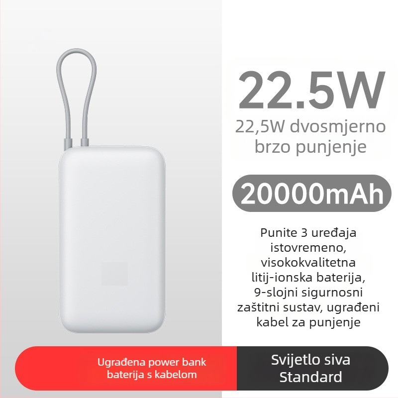 Power banka s ugrađenim kabelom, 10000mAh, džepne veličine, 22,5W brzo punjenje, kreativni dizajn
