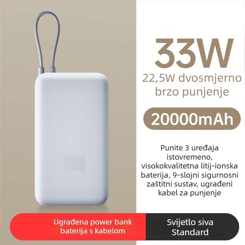 Power banka s ugrađenim kabelom, 10000mAh, džepne veličine, 22,5W brzo punjenje, kreativni dizajn