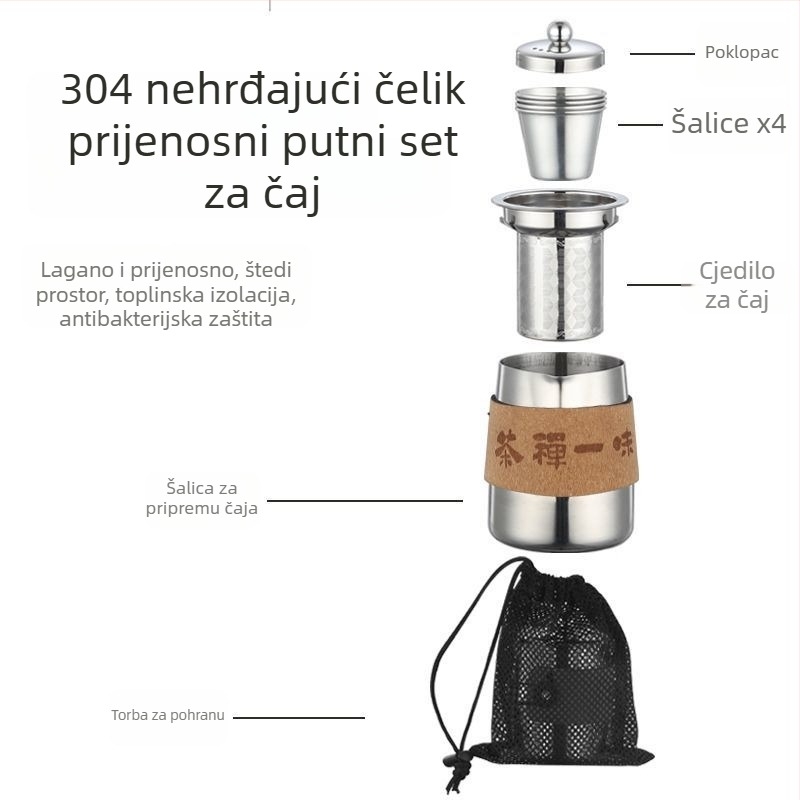 Set čaja od 304 nehrđajućeg čelika za putovanja i dom – prijenosni čajnik i šalice