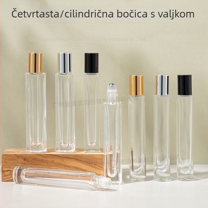 10 ml kvadratna cilindrična prozirna staklena roller boca s debelim dnom – bočica za parfem, kozmetiku i esencijalno ulje.