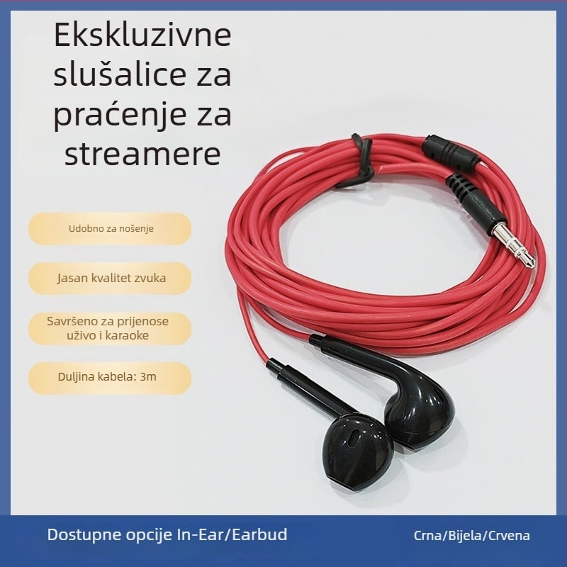 3 m žičane in-ear monitor slušalice s mikrofonom za mobitel i PC, pogodne za streaming i karaoke