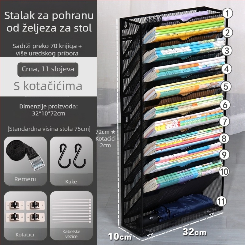 Deset-slojni metalni zidni stalak za dokumente A4, časopise i novine – uredski prostor za pohranu