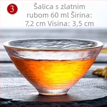 Ručno izrađeni stakleni Gongfu čajni set s malim šalicama za kušanje – proziran, otporan na toplinu, zlatnim rubom i uzorkom udarnog reljefa