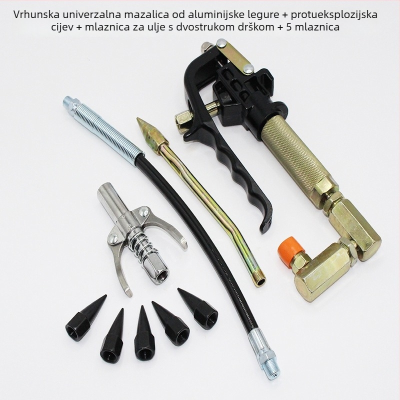 Aluminijska univerzalna glava za pneumatsku pištolj za mazivo, visokotlačna, kompatibilna s većinom pištolja za mazivo; dorađen dizajn s prilagodljivom kopčom za debele i tanke spojnice