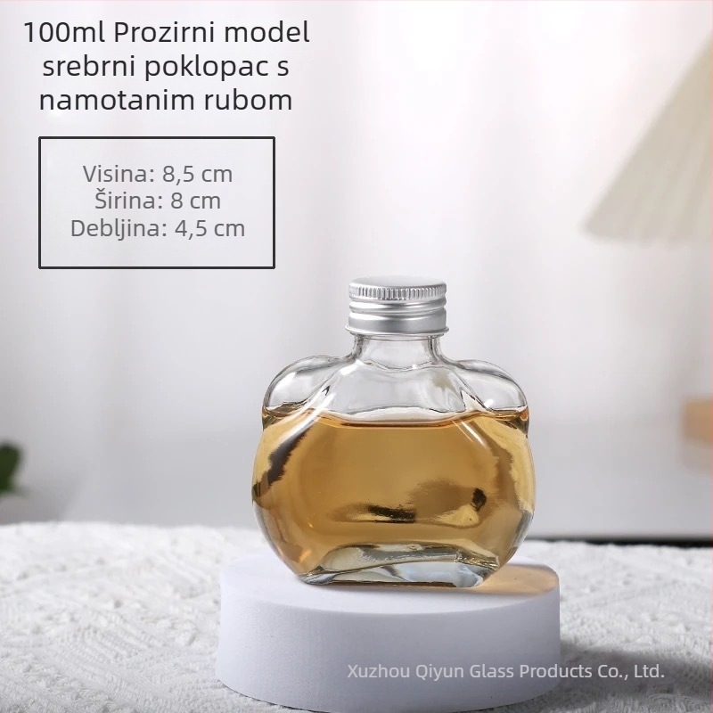Staklena boca za liker i voćno vino, prozirna, mala zapremina, kapica s dizajnom mačjih ušiju