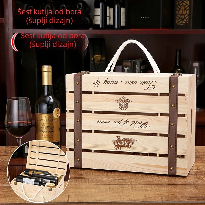 Drvena kutija za vino od borovine za 1 ili 2 boce, poklon kutija s ručkom