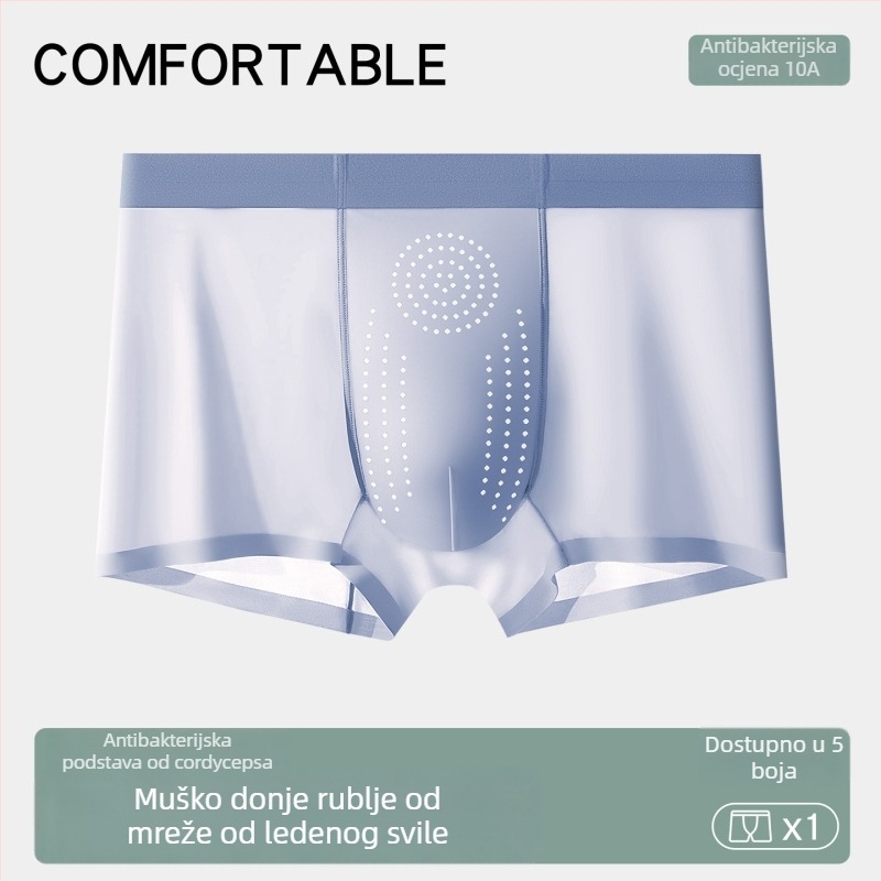 Muške mrežaste bokserice od Ice Silk, udobne i tijesne, osvježavajuće i prozračne, antibakterijske s ekstraktom Cordycepsa, odvodi toplinu, brzo se suše