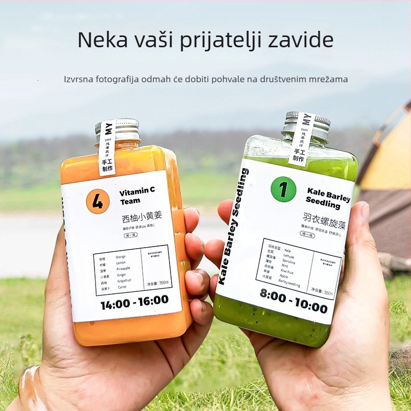 350 ml PET boca pića s aluminijskim poklopcem, plosnatog četvrtastog dizajna za svježe iscijeđene sokove i čajeve