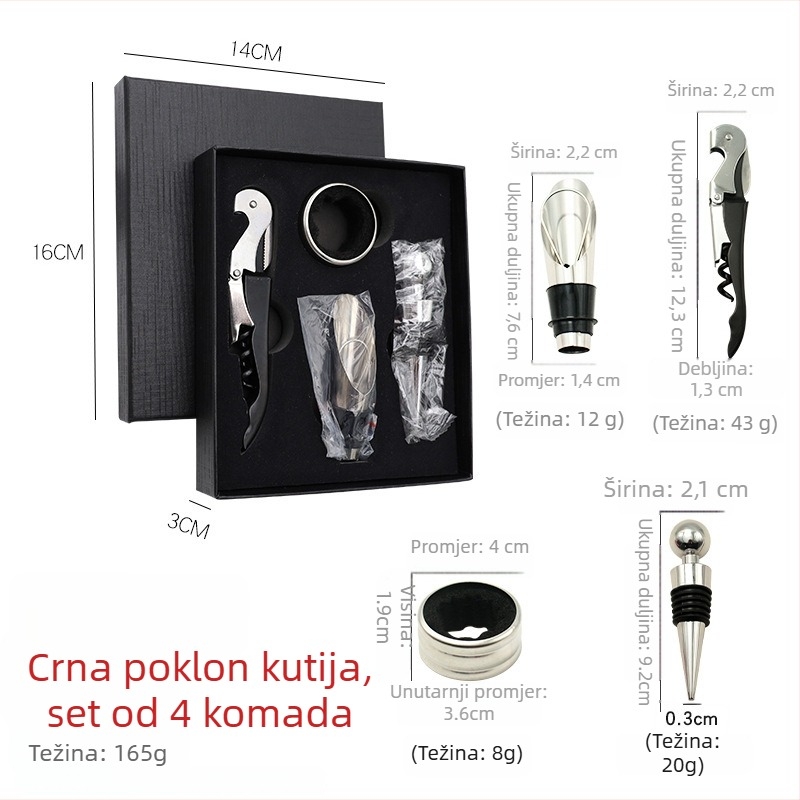 Premium set vina u darovnoj kutiji — otvarač za vino, pourer, zátka, prsten za kapanje, nehrđajući čelik