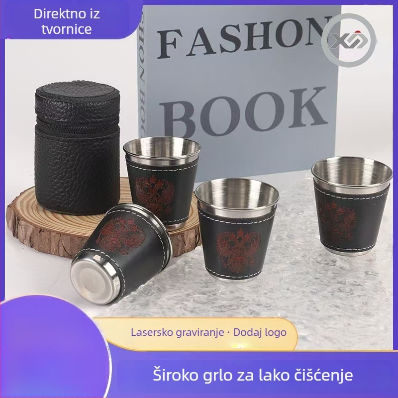 Četverodijelni set čaša od nehrđajućeg čelika sa zip futrom, kapacitet 30/70/170 ml, za kampiranje na otvorenom