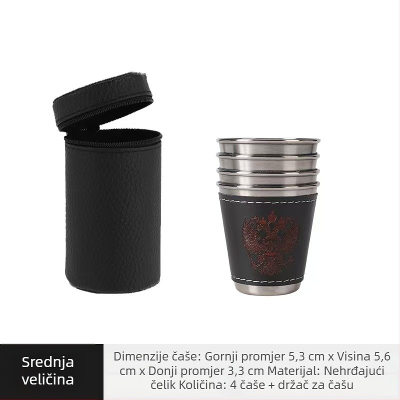 Četverodijelni set čaša od nehrđajućeg čelika sa zip futrom, kapacitet 30/70/170 ml, za kampiranje na otvorenom