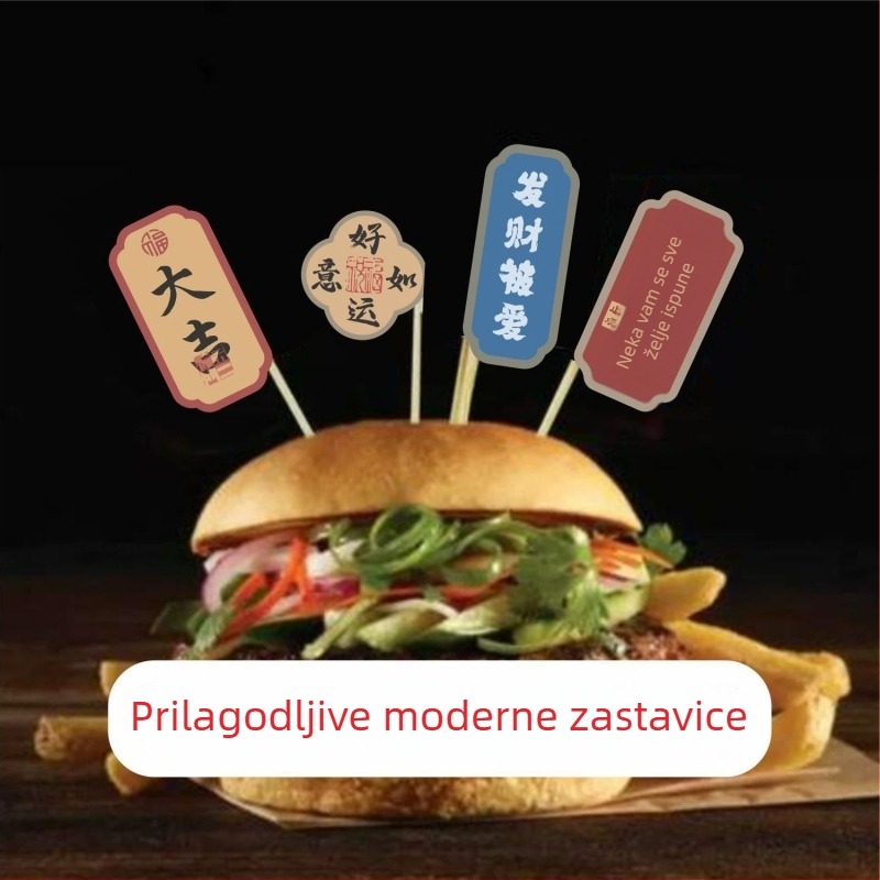 Bambus štapići za voće s logom i malim zastavicama, jednokratni štapići za burgere i odreske, kreativno umjetništvo