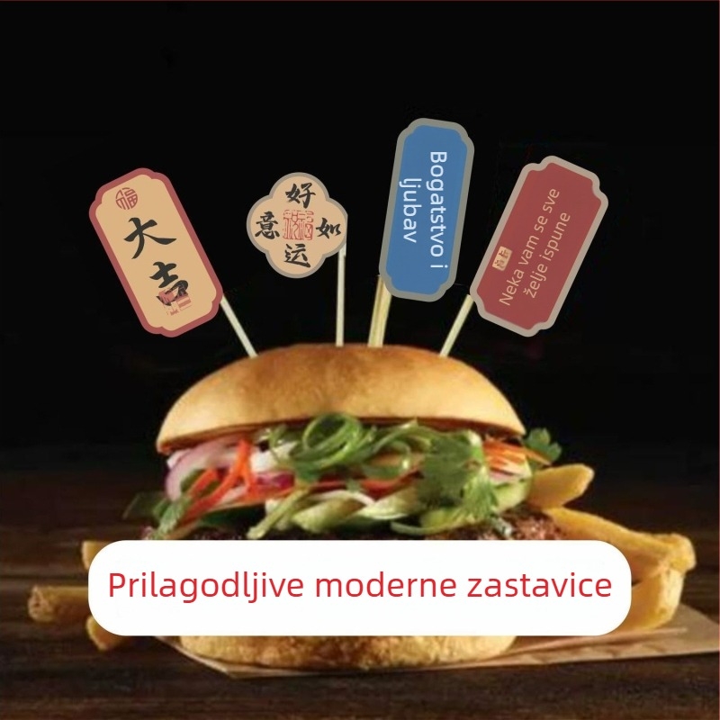 Bambus štapići za voće s logom i malim zastavicama, jednokratni štapići za burgere i odreske, kreativno umjetništvo