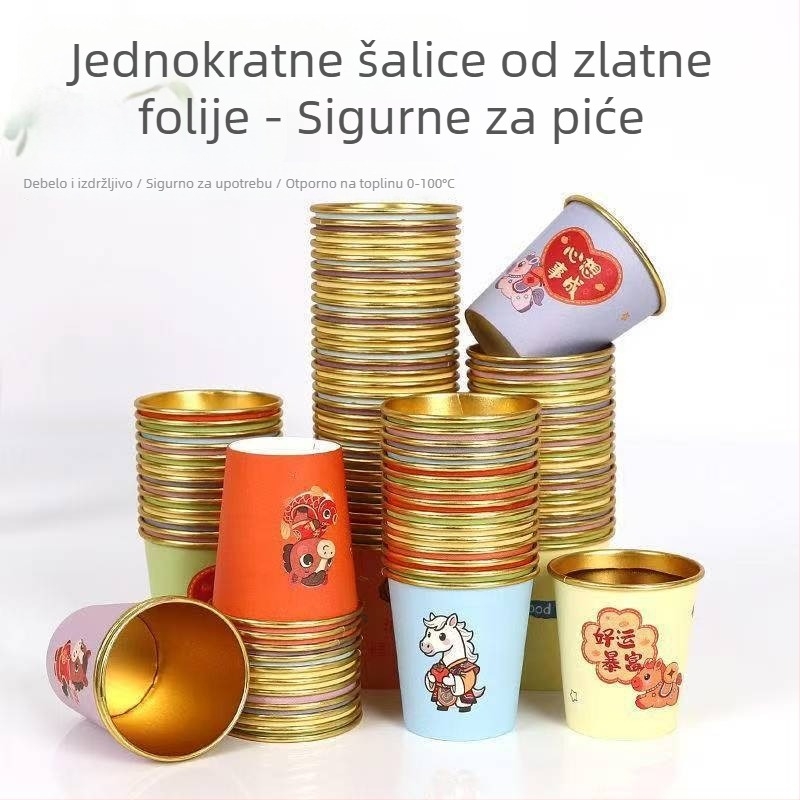 Jednokratne papirnate čaše, 2026. godina Konja, za kućnu upotrebu, Proljetni festival i Novu godinu, čaše s debelim zlatnim folijom, male čaše 101–200 ml