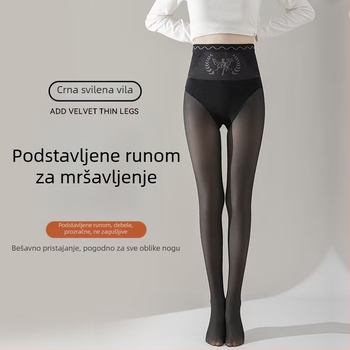 Flower Fairy Voden Sjaj: Crne najlon čarape s fleece podstavom, debeli, jednovrstne baršunaste čarape za vitke noge