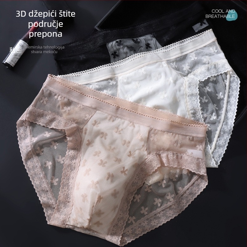 Muške čipkaste bokserice s 3D džepom, prozračne, visoka elastičnost, srednji pojas, bez šavova