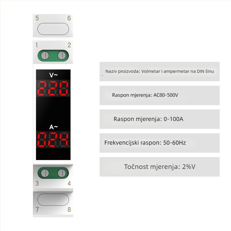 DIN-rail montirani mjerač napona i struje, mini digitalni indikator, AC 220/380V, mjerač frekvencije