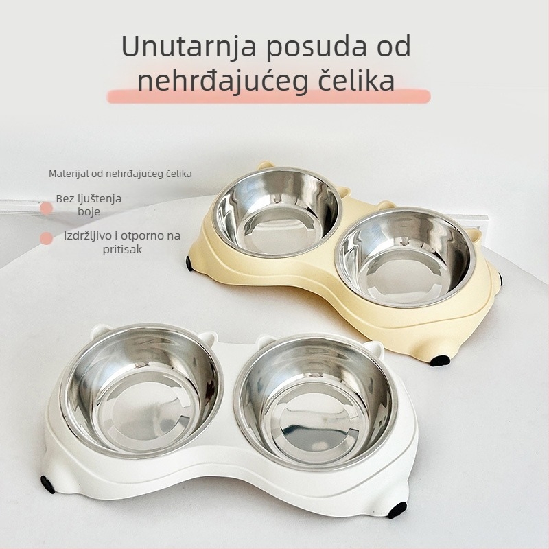 Neklizajući dvostruki posuda za kućne ljubimce, set za hranu i vodu u jednom, nehrđajući čelik, za mačke i pse, u boji makaron.