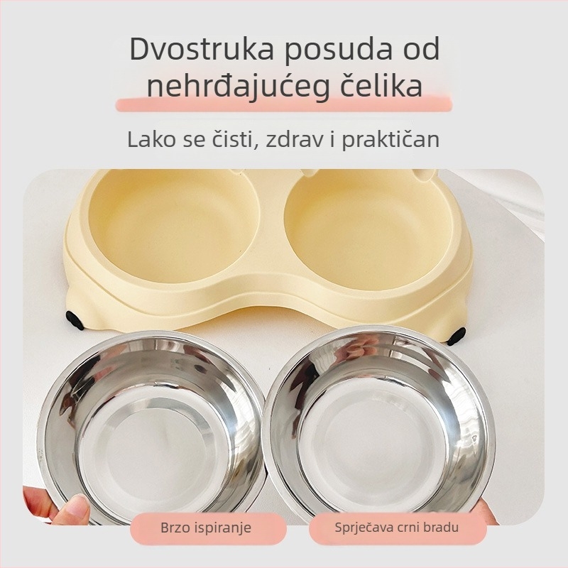Neklizajući dvostruki posuda za kućne ljubimce, set za hranu i vodu u jednom, nehrđajući čelik, za mačke i pse, u boji makaron.
