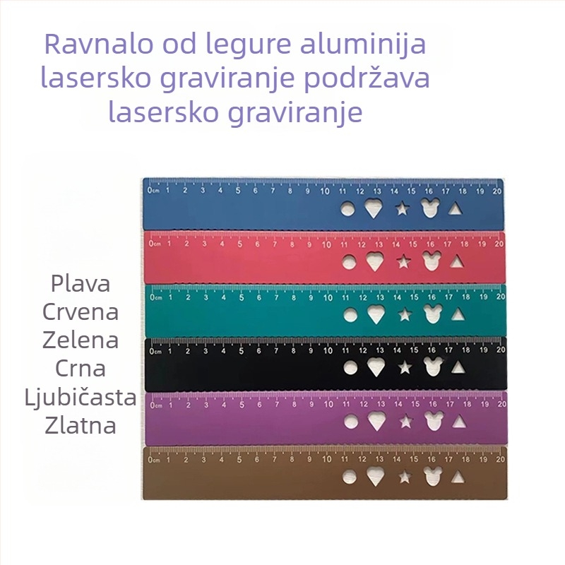 Laserski graviran aluminijski četverodijelni set ravnala s trokutnim ravnalima (dužine 15 cm i 20 cm)